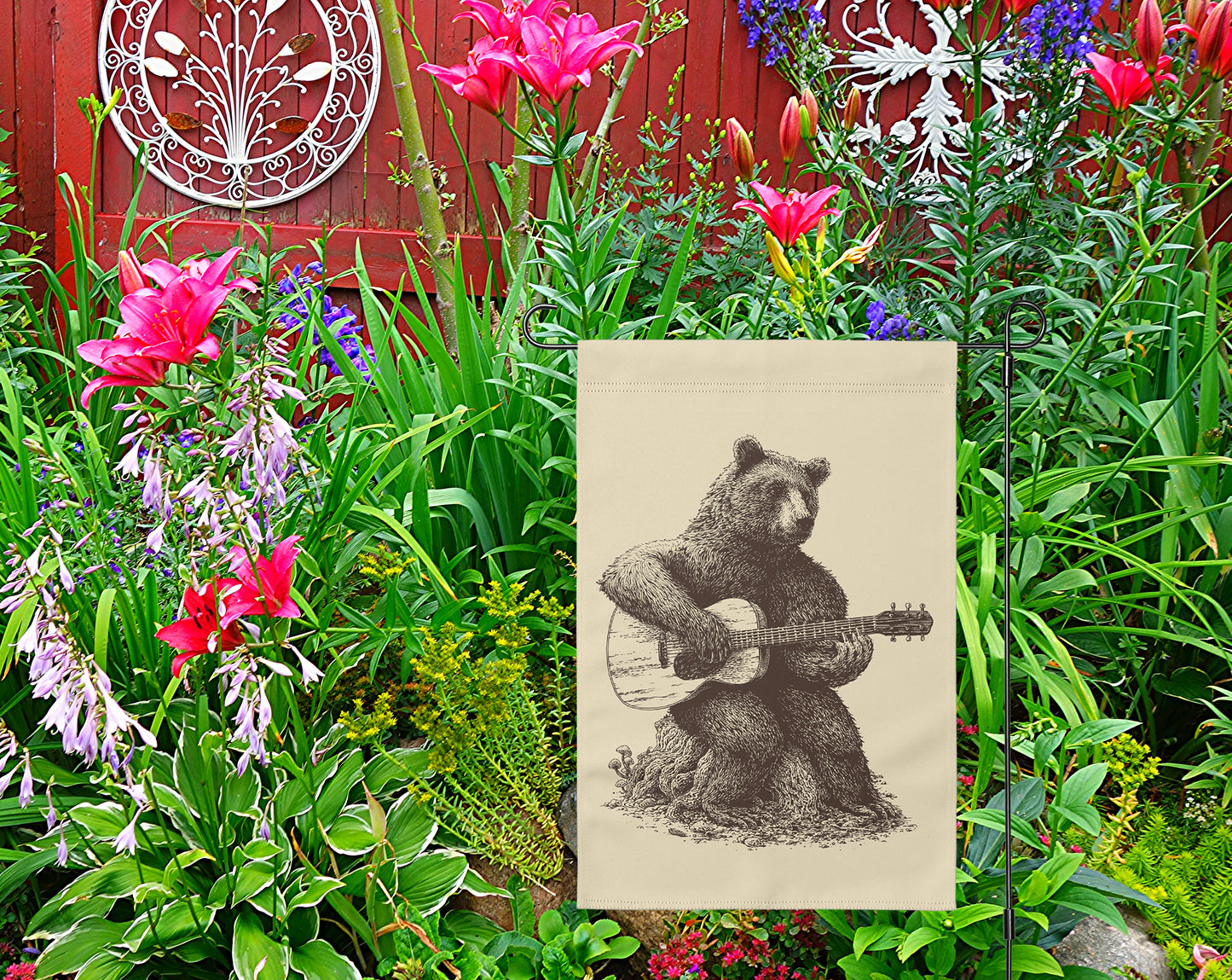 Bear Playing Guitar Garden Flag