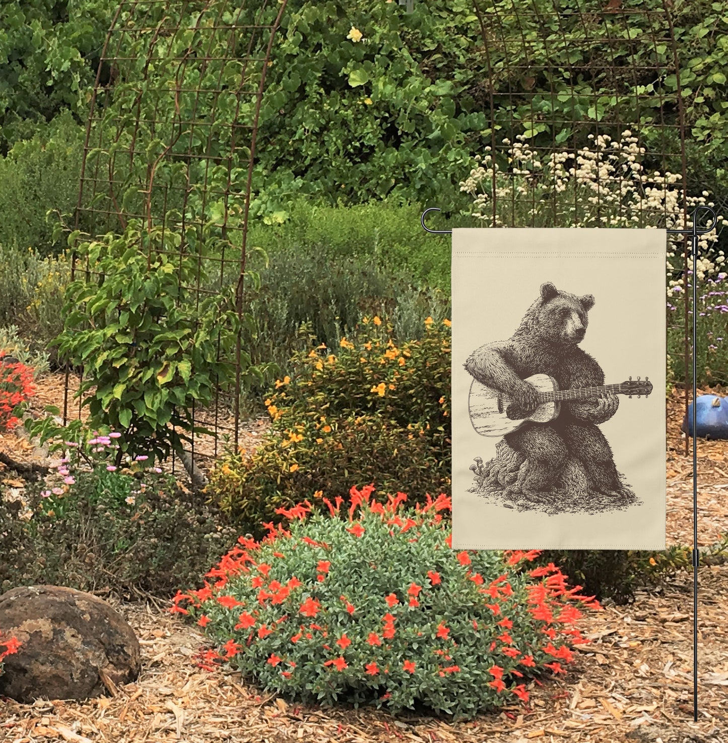 Bear Playing Guitar Garden Flag