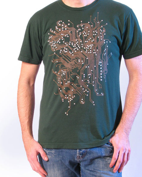 Circuit Board Tee- Circuit Board Tshirt- Hunter Green or Black American Apparel Shirt with metallic ink. 